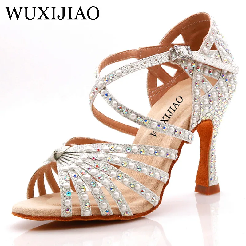 WUXIJIAO Pearl rhinestone Latin dance shoes indoor sports dance shoes comfortable soft bottom salsa many colors to choose