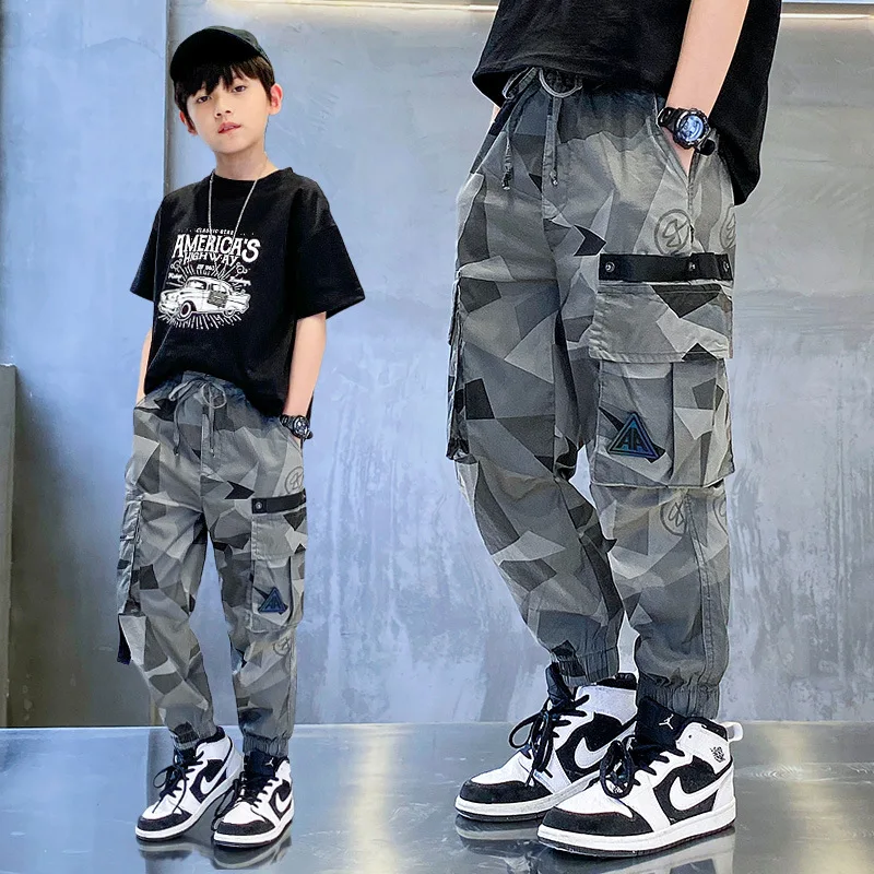 

Summer Boys Thin Pants Korean Teenage Camouflage Patchwork Trousers Army Green Sport Pant for Big Boy Kids Sport Cool Clothes