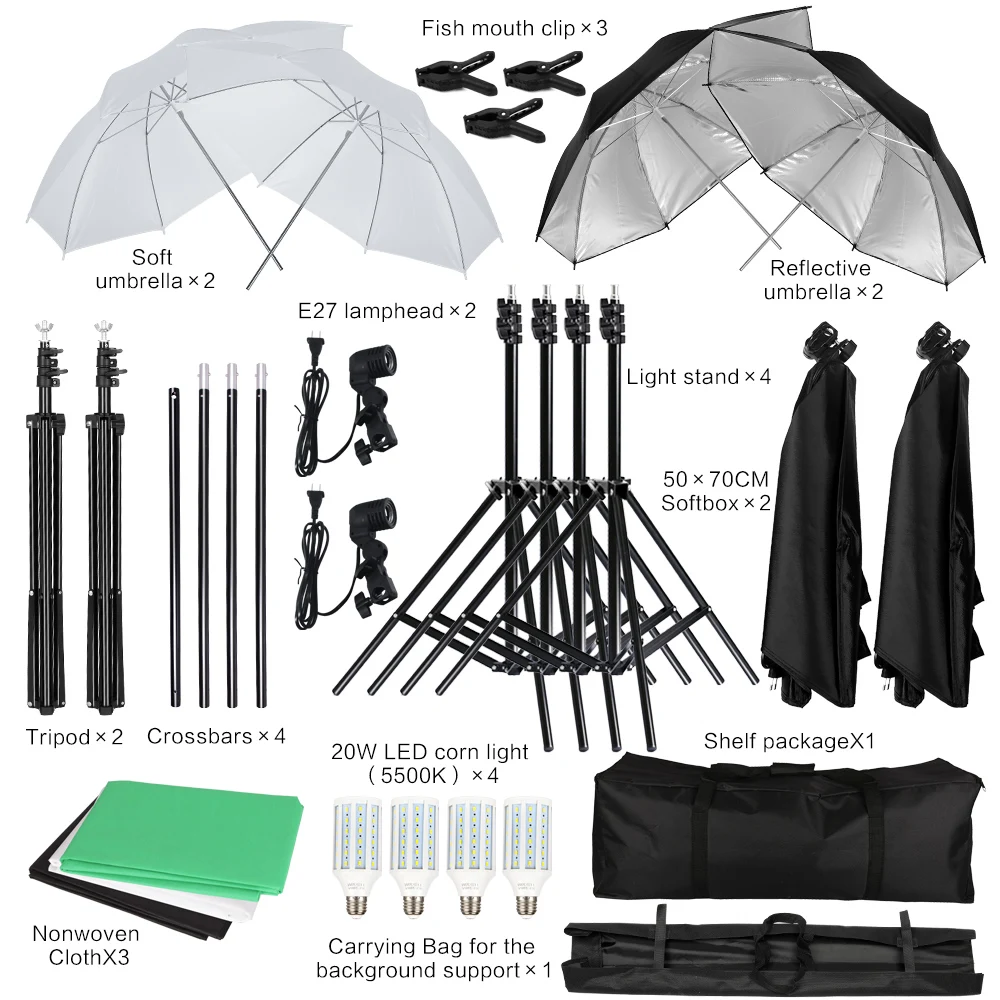 Photography Lighting Kit 2x3M Photo Background Backdrops Soft Umbrella Softbox Light Stand Portable Bag For Photo Studio Shoot