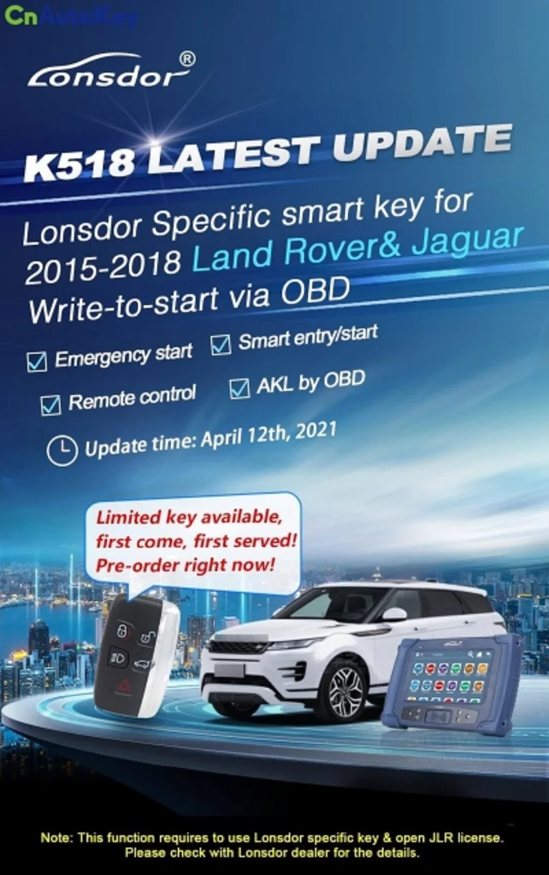 

KH034 Lonsdor K518 LATEST UPDATE Lonsdor Specific smart key for 2015-2018 for Land Rover& Jaguar Authorization