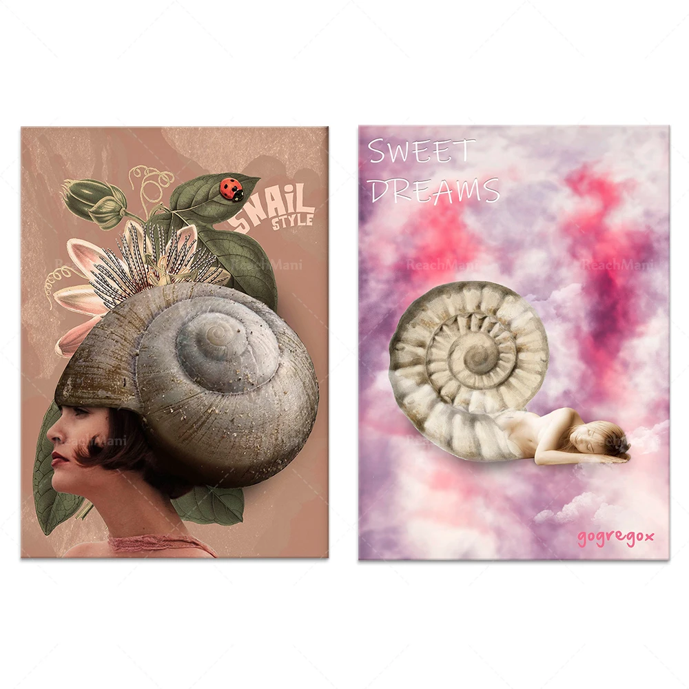 Snail girl decoration, nautilus girl sleeping in the cloud art wall decoration, poster female natural sky painting, animal femal