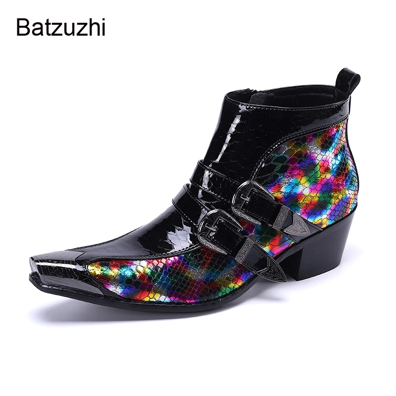 Batzuzhi Luxury 6.5CM Heels Men's Boots Shoes Metal Toe Genuine Leather Ankle Boots Men Muti Knight Botas Hombre Party/Wedding