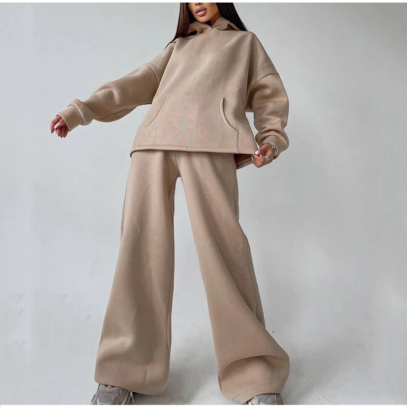 Women Elegant Solid Color Fleece Two Piece Sets Oversized Warm Hoodies and Long Pant Sports Suit Autumn Winter Tracksuit 2023