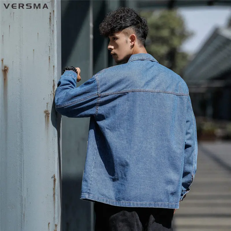 VERSMA Spring Autumn Korean Biker Denim Jacket Coat Men Cotton Casual Pocket Design Chinese Style Denim Shirt Male Dropshipping