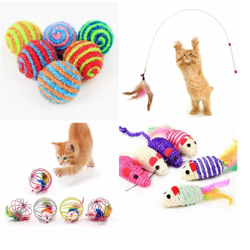 Juguete interactivo para gatos, varita de plumas con campana pequeña, jaula de ratón, juguete de plástico colorido Artificial, suministros de