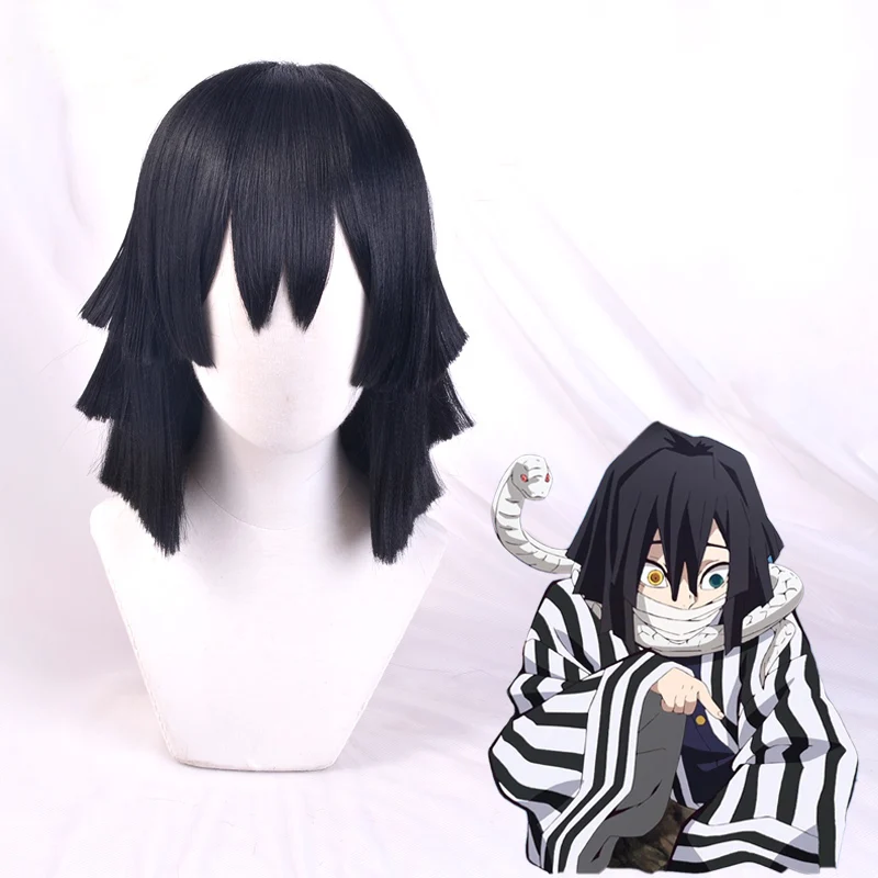 Iguro obanai curto preto estilo peruca demon slayer kimetsu não yaiba resistente ao calor do cabelo cosplay perucas traje + peruca livre boné