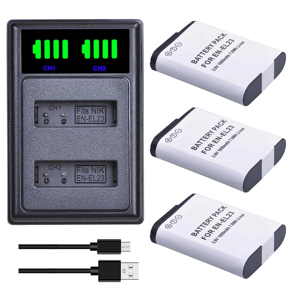 

EN-EL23 ENEL23 EN EL23 Battery +LED USB Dual Charger with Type C port For Nikon COOLPIX P900, P610, P600, B700, S810c Camera