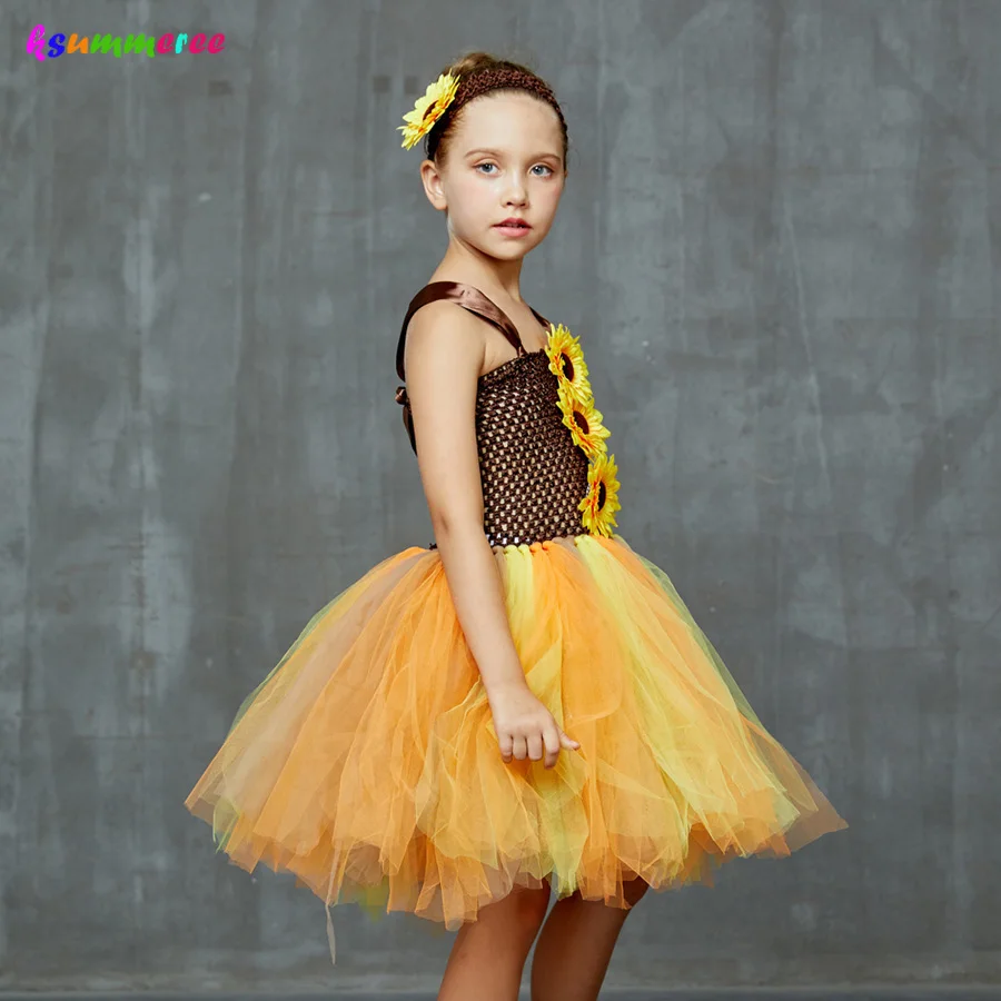 Fall Sunflower Girls Tutu Dress with Matching Headband Kids Woodland Fairy Costume Children Thanksgiving Birthday Tutu Dress