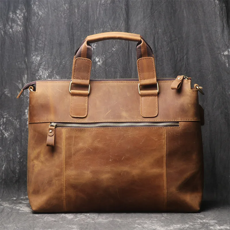 LACHIOUR Crazy Horse Leather Handbag Male Travel 15.6 inch Laptop Bag Male Vintage A4 Document Shoulder Bag Brand Briefcase Tote