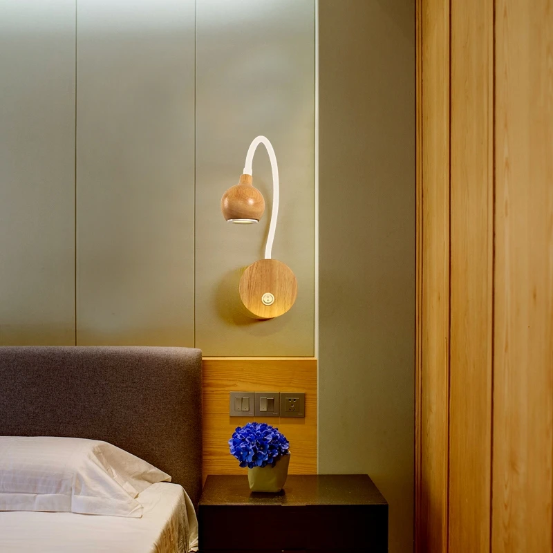 Nordic wood Wall light With Switch 5w led  free turn Adjustable bedhead Bedside Reading Light for Bedroom Decoration