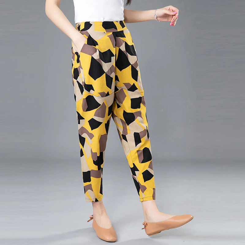 2024 Summer Womens Pants Casual Elastic Waist Straight Pants Loose Thin Floral Print Trousers Wamen Plus Size 4XL