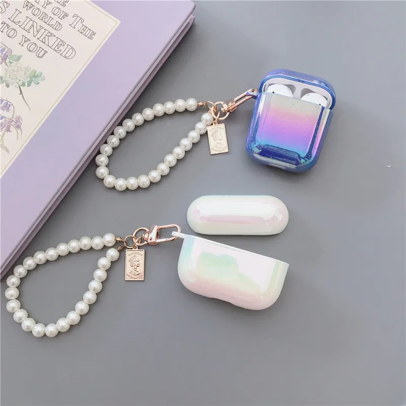 에어팟 프로용 귀여운 반짝이 진주 쉘 키체인, 물방울 레인보우 하드 이어폰 케이스, 에어팟 1, 2 용 보호 커버