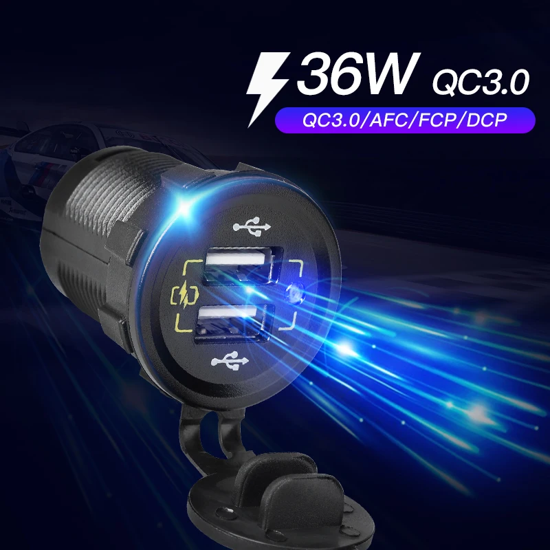 Quick Charge QC3.0 Dual USB Car Charger Waterproof 36W 12V USB Outlet Fast Charger Power Outlet for Marine Boat Motorcycle Truck