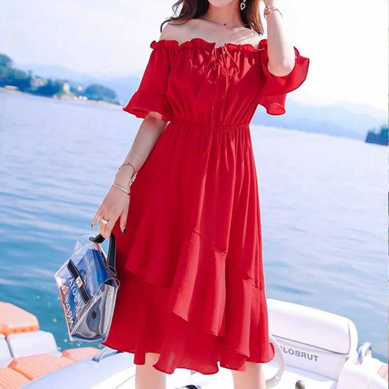 Vestido de verano de manga corta para mujer, vestido rojo de gasa con cuello de barco, falda informal para playa, estilo bohemio