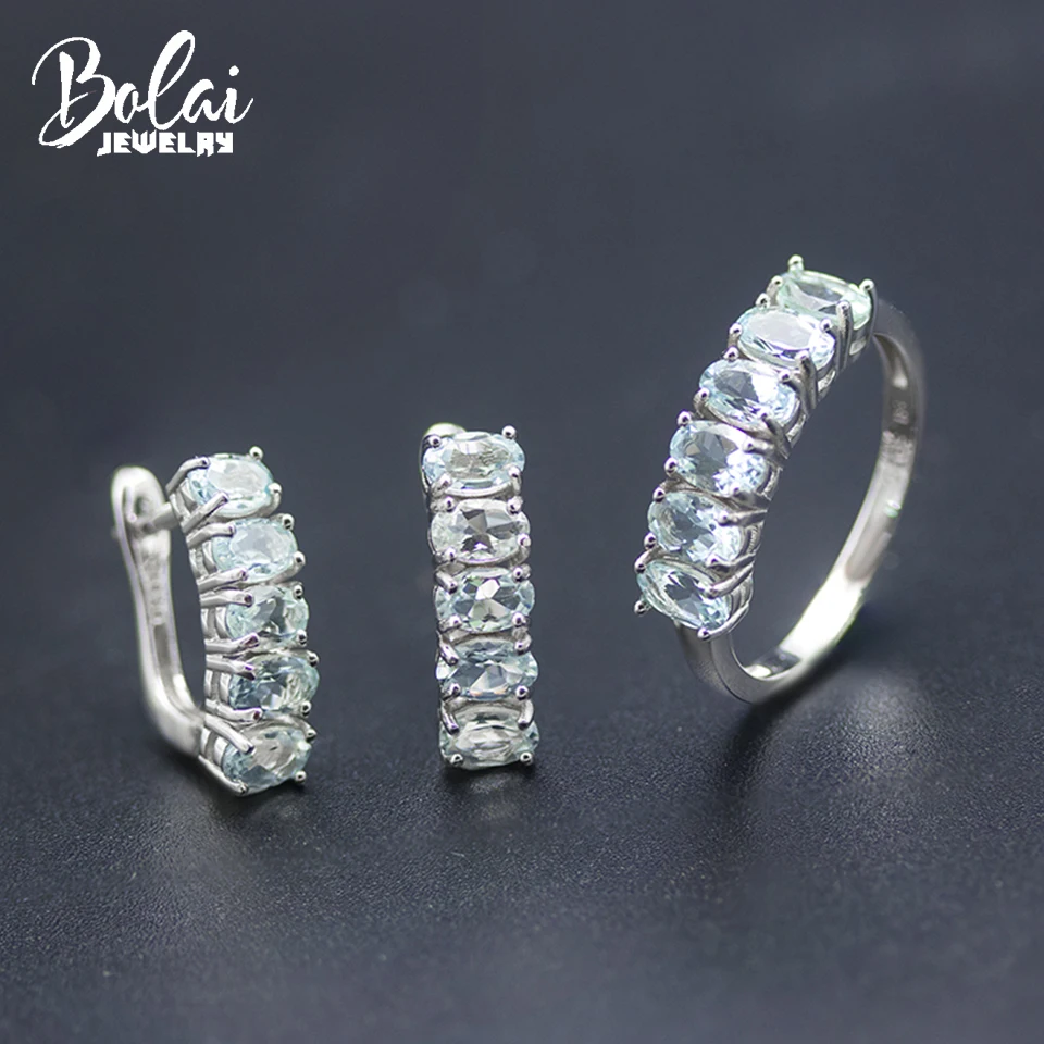 

Bolai Natural Aquamarine Jewelry Sets Kits 925 Sterling Silver Clasp Earrings Ring 5*3mm Gemstone for Women Wedding Gift Simple