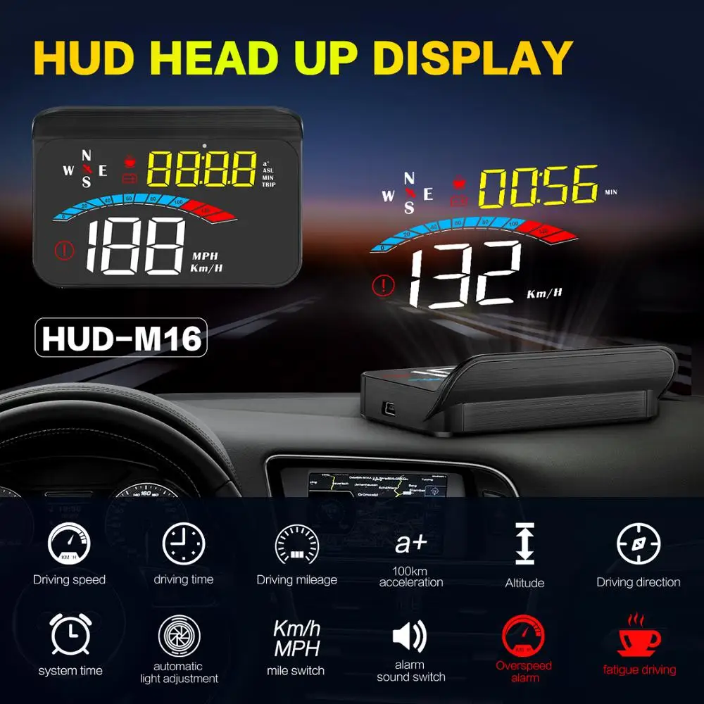 

HUD Head Up Display Car GPS Gauge Digital Speedometer M16 Windshield Speed Projector GPS Compass Voltage KM/h MPH for All Cars