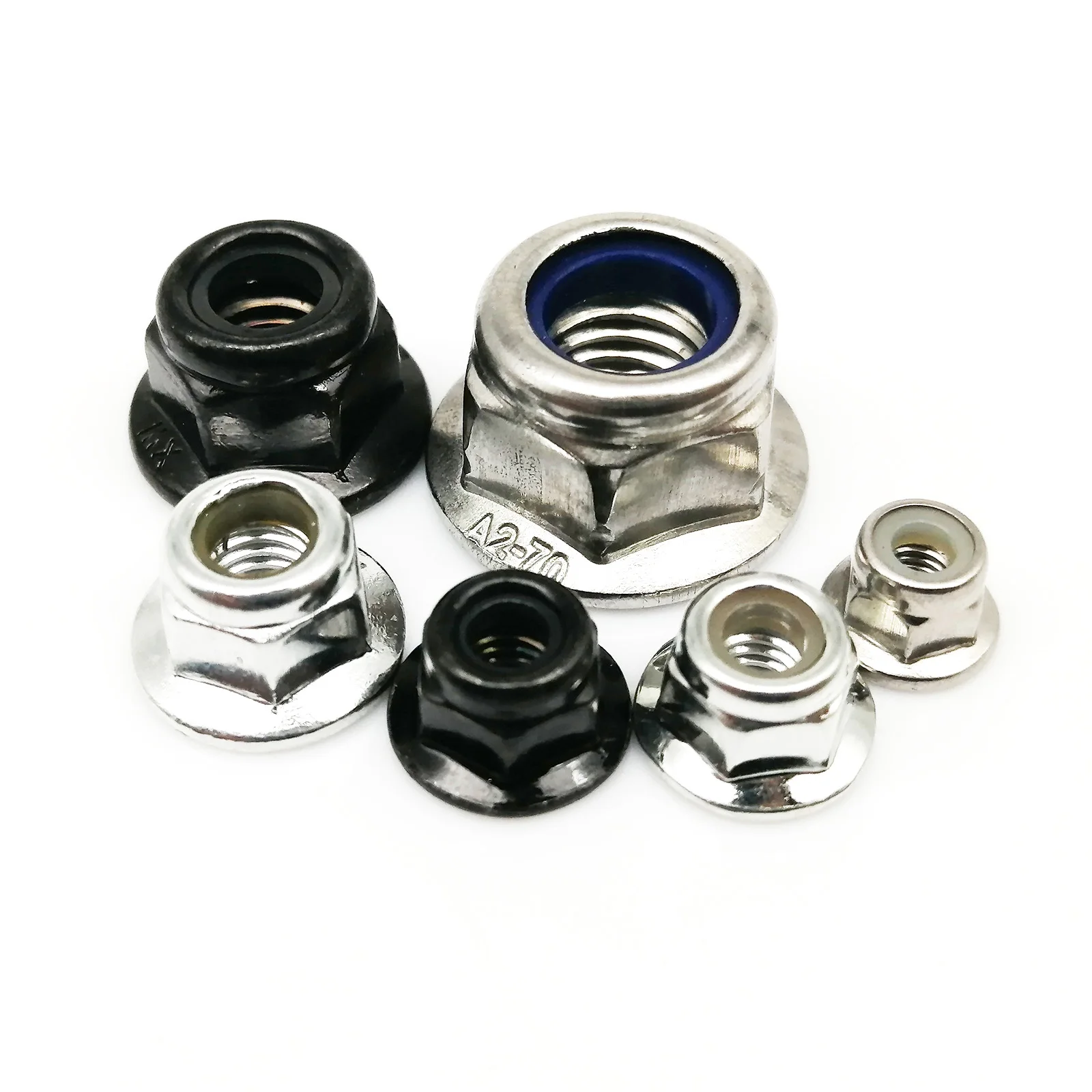 M3 M4 M5 M6 M8 M10 M12 Sechskant-Flanschmuttern aus schwarzem Kohlenstoffstahl und 304 Edelstahl mit Selbstsicherung und Nyloneinsatz – Detail 3