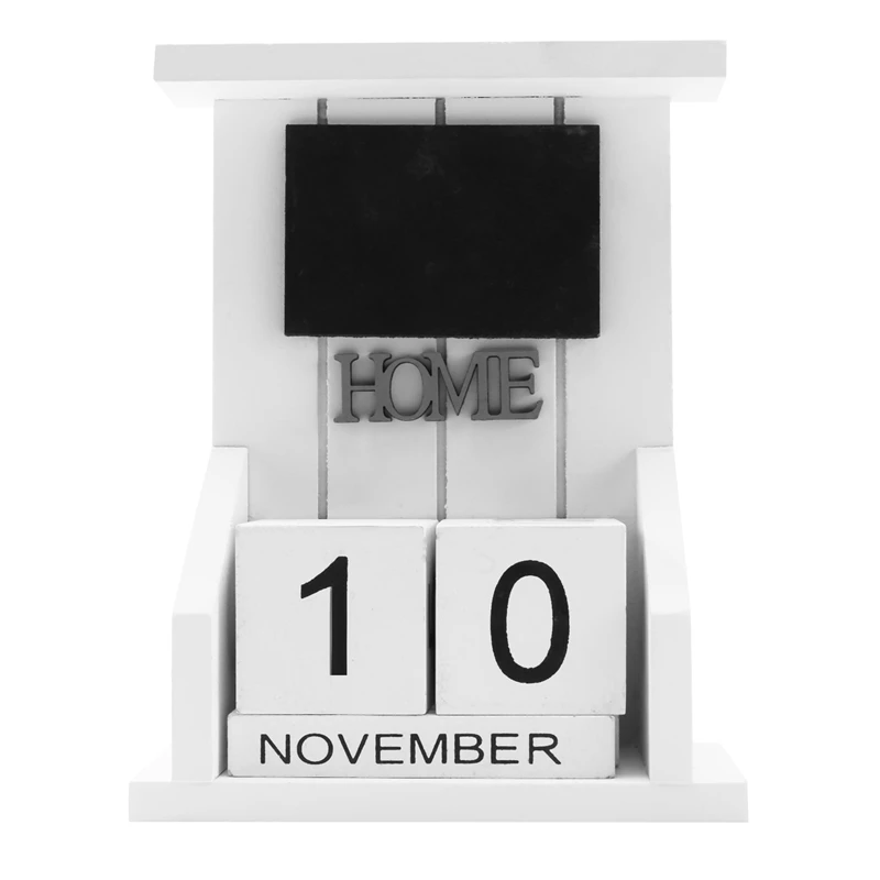 Wooden Desk Block Calendar-Perpetual Calendar Month Date Display Home Office Decoration (White)