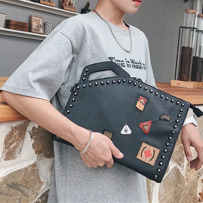 Rivet Appliques Men\'s Clutch Bag Luxury Design Clutches Bag Men Shoulder Bag PU Leather Handbag Crossbody Bag Clutch For Ipad