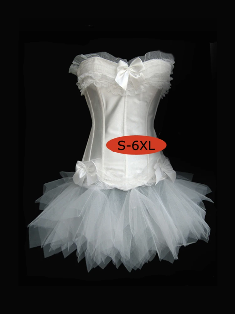 

White Black lace up boned top corset busiter show gilr with g-string tutu petticoat skirt PLUS SIZE S-6XL