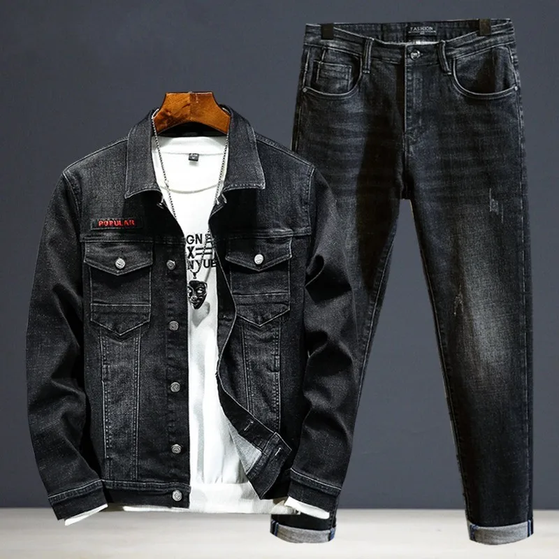 Fashion Men Denim Jacket Jeans Two Piece Set Autumn Slim Fit Matching Sets Casual Streetwear Winter Fleece Lining Cowboy Outfits