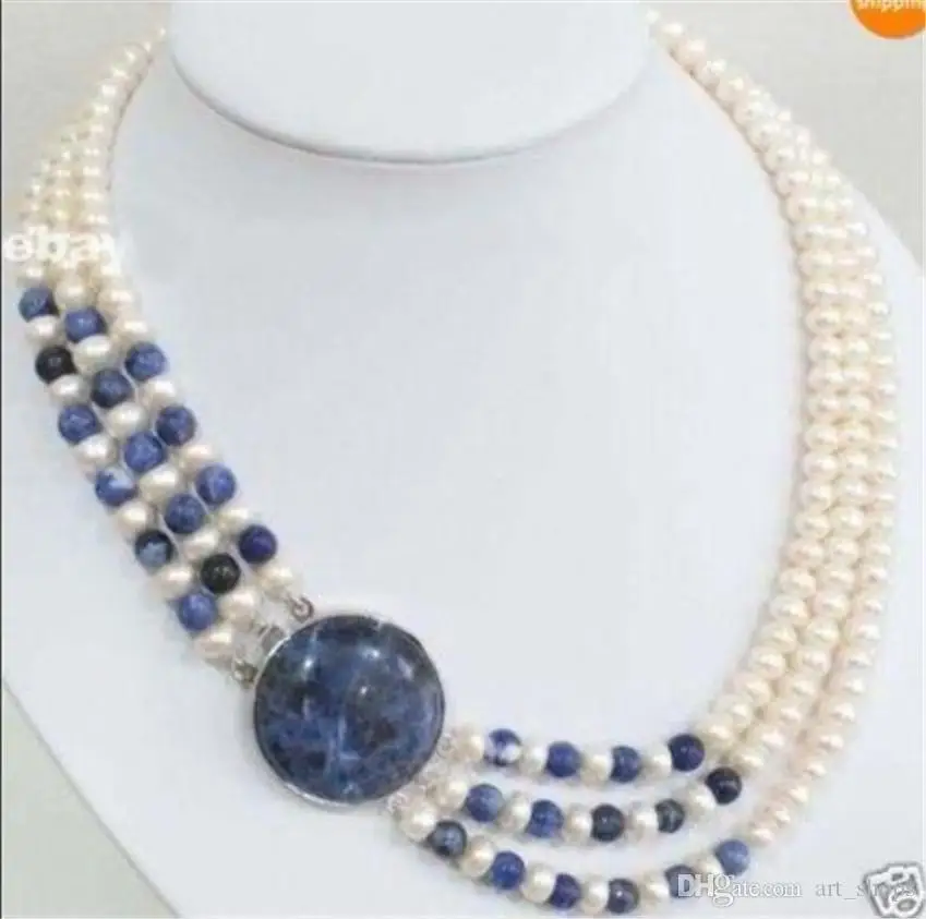 3 Rows Natural 7-8mm White Cultivation Pearl & Lapis lazuli Round Beads Necklace