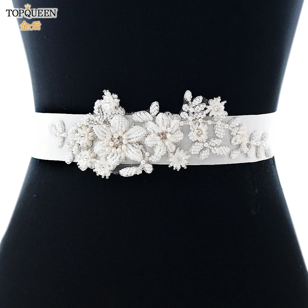 TOPQUEEN S484 Bridal Belt Fashion Wedding Accessories White Pearl Beaded Flower Sash Women\'S Party Dresses Accessories Appliques