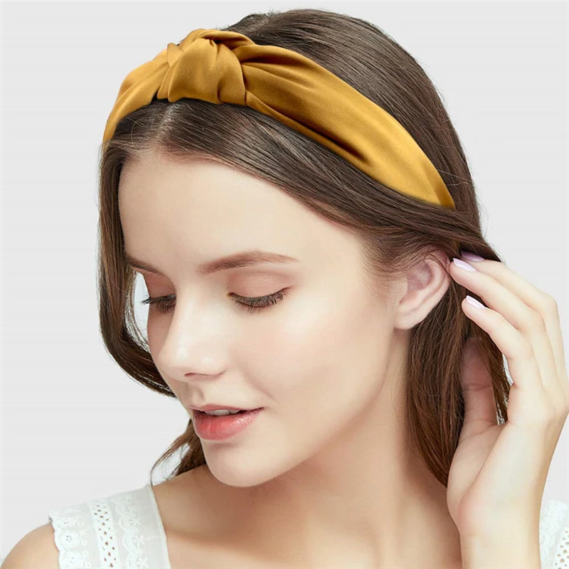 2022 Female Bezel Head Silk Headband for Women Solid Color Wide Hair Hoop Hairband Cross Knot Hair Band Headbands