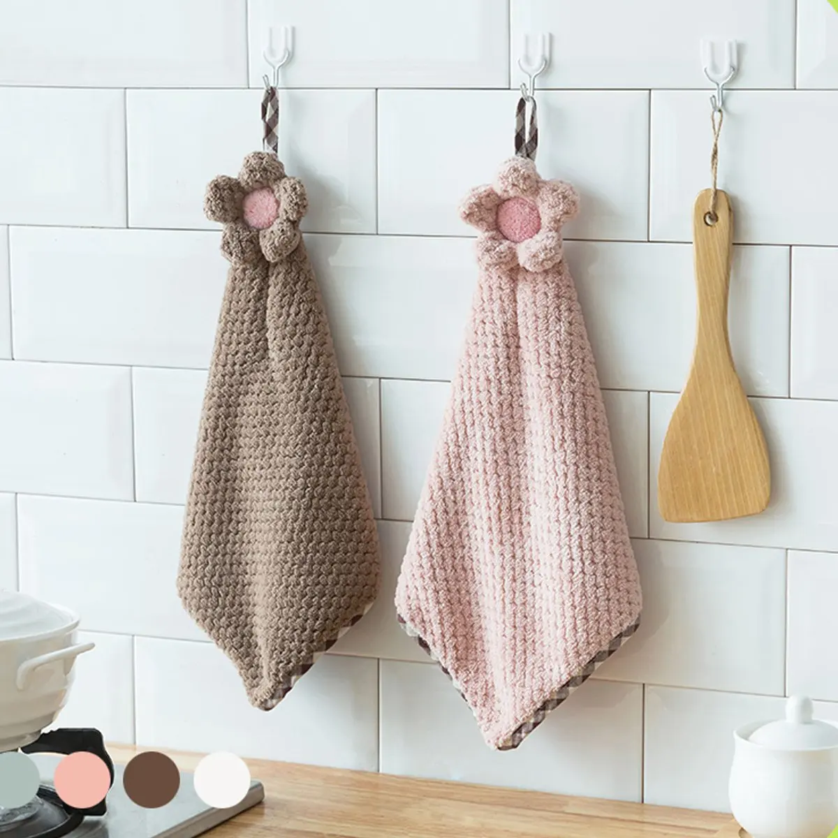 Ins Small Fresh Flower Hand Towel Soft Coral Velvet Thickened Hangable Super Absorbent Towel Kitchen Cleaning Cloth