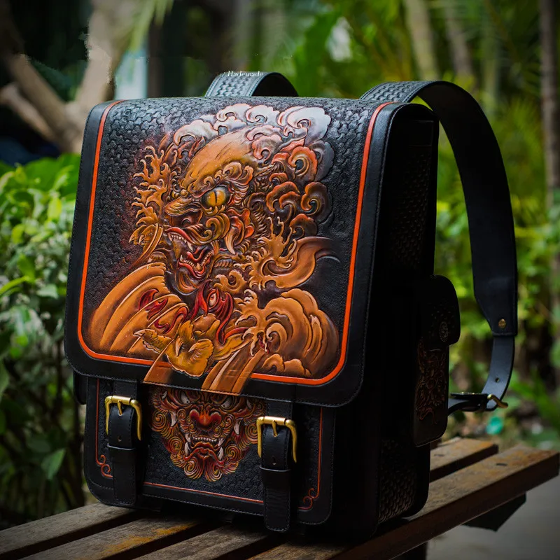 Elaborate Works Handmade Man Cow Leather Lion Backpacks Bag Men Vegetable Tanned Leather Genuine Leather Satchels