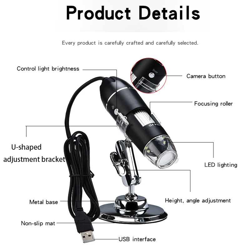 1600X 1000X USB Microscope Handheld Portable Digital Microscope USB Interface Electron Microscopes with 8 LEDs with Bracket