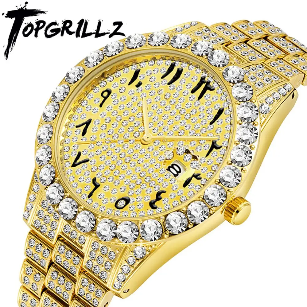 TOPGRILLZ New Arabic Numerals Mens Watches Hip Hop Fashion Luxury Male Iced Out Watch 18K Gold For Men Classic Jewelry For Gift