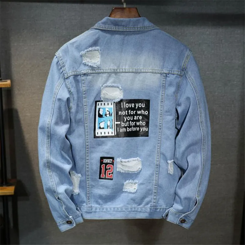 High Quality Bomber Denim Jacket Men'S Ripped Holes Lt Blue Jean Jackets New Pop Autumn/Spring Garment Washed Mens Denim Coat