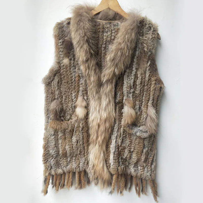 2020 Autumn Knitted Real Rabbit Fur Vest With Pocket With Tassel Women Fashion Sleeveless Long V-Neck Casual Loose Fur Gilet