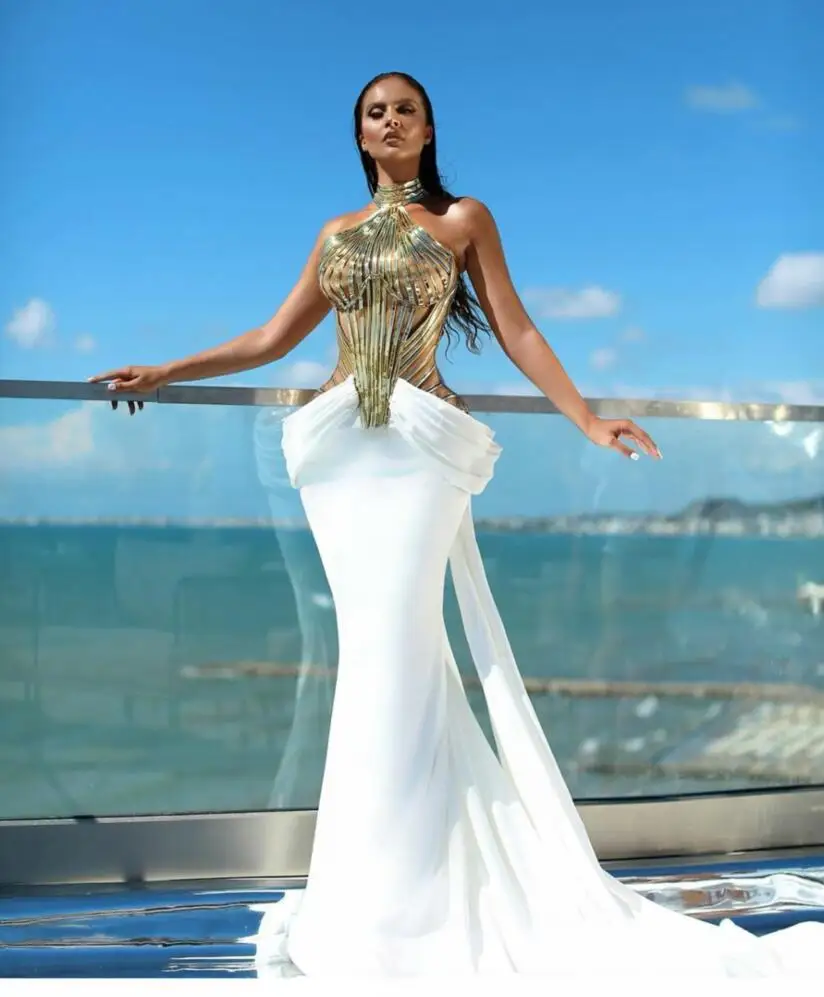 Modern Design Evening Dresses Gold Strips Mermaid White Prom Dress Summer Sleeveless Fashion Special Occasion Wear