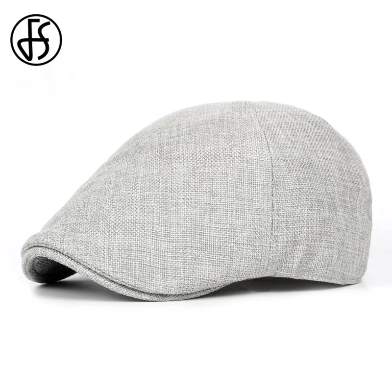

FS Men Women Linen Cotton Beret Caps Spring Winter Newsboy Flat Ivy Sun Hat Outdoor Casual Solid Color White Adjustable Berets