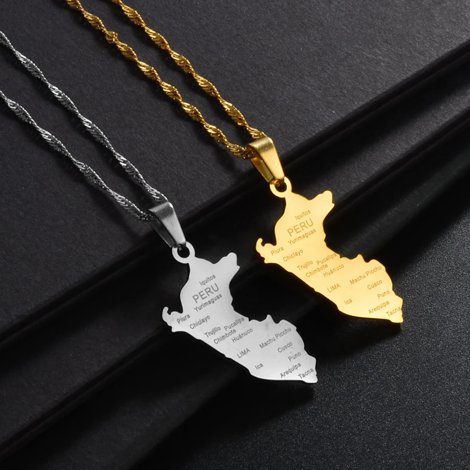 Anniyo Peru Map Wity City Name Pendant Necklaces for Women Men Gold Color/Silver Color Map of Peru Jewelry Peruvian #248121