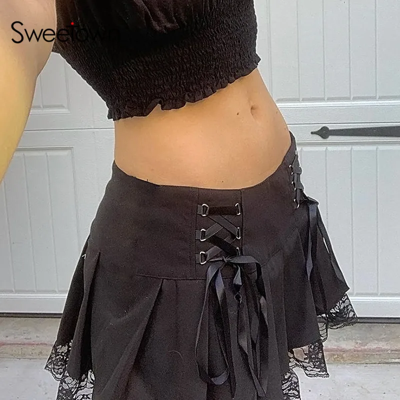 Sweetown Lace Up Goth New Pleated Skirt Woman Punk Style Dark Academia Aesthetic Vintage 90s Streetwear Black Dance Mini Skirts