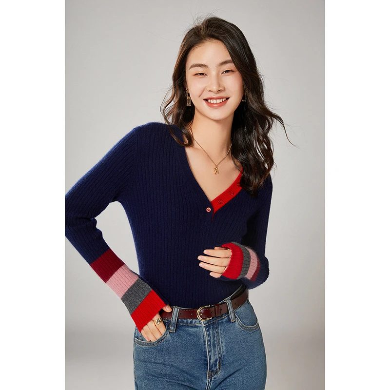 Vneck Sweaters Women 100% Pure Wool Knitwears Female Soft Warm Fashion Patchwork Pullovers Ladies Woolen Standard Jumpers