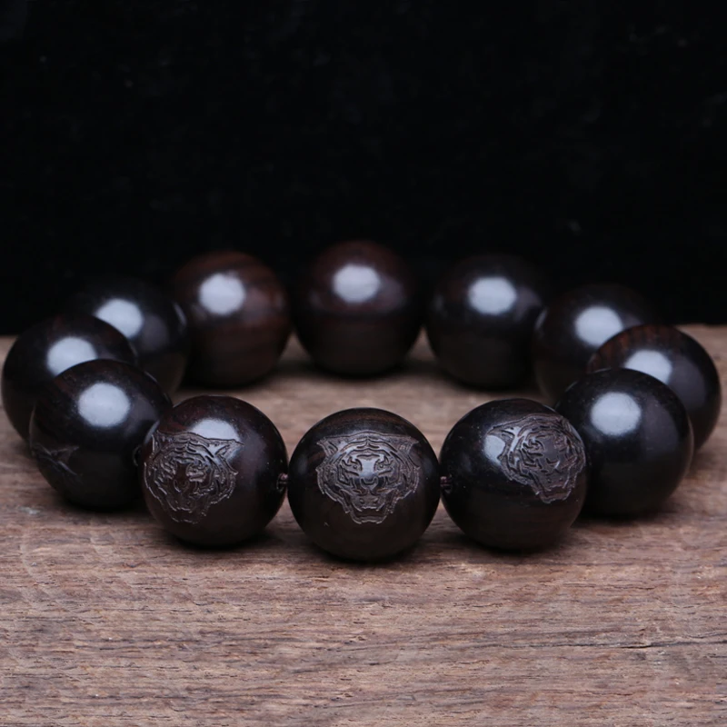 Ebony Wooden Bracelet Tiger Head Pattern 20mm 25mm Men's Large Bracelet Gift