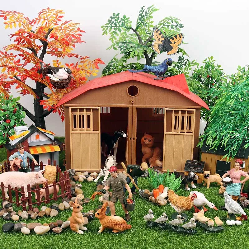 Oenux Lovely Farm Family Model Action Figures Farmer Cow Hen Horse Pig Poultry Animals Figurine Miniature Educational Kids Toy