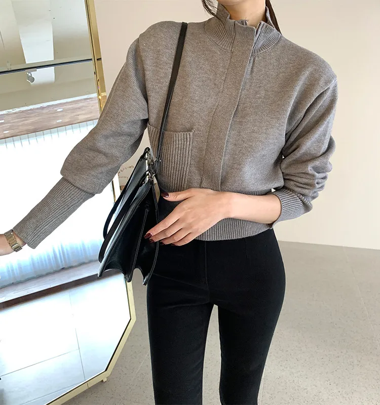 Stand Collar Zip-up Knitted Sweater Jumpers Women Full Sleeve Pocket Stylish Pullover Tops Solid Fashion Ladies Jumpers 2022