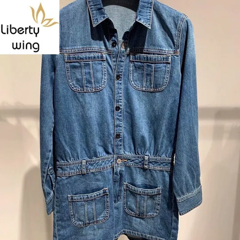 Wanita Kasual Lengan Panjang Denim Playsuit One Piece Single Breasted Kantong Kargo Jeans Jumpsuit Musim Semi Baru Wanita Celana Pendek Bodysuit