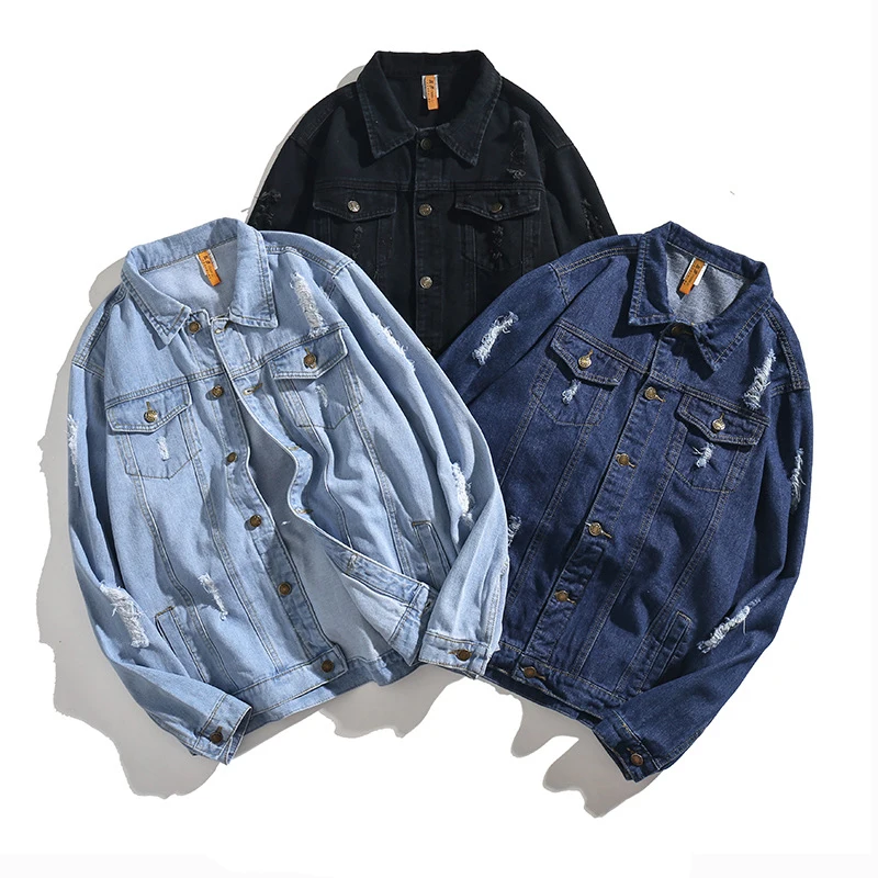 

Classic Mens Vintage Washed Ripped Denim Jacket Slim Fit Distressed Jean Truck Jacket Urban Style Coats For Male