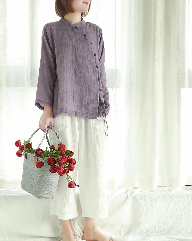 

2022 Autumn New Women Loose Stand Shirts Button Cropped Sleeve Blouses Solid Color Belt Female Vintage Shirts Top Chinese Style