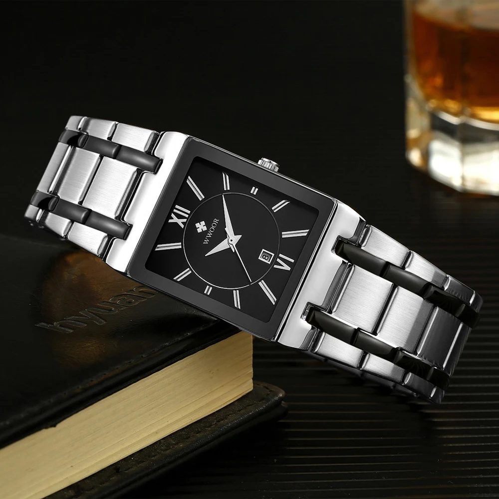 Men Watches WWOOR Fashion Top Brand Luxury White Square Waterproof Quartz Wristwatch Stainless Steel Date Clock Men Montre Homme