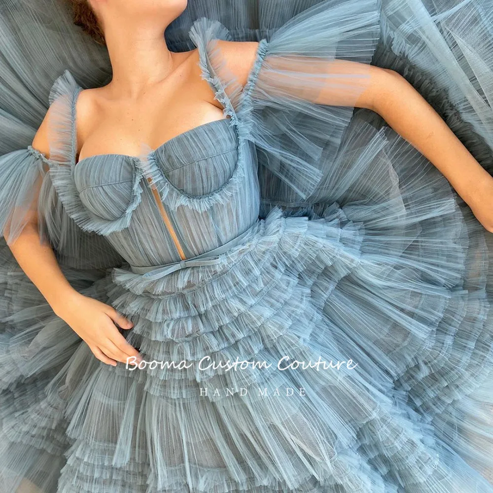 Booma Blue Long Prom Dresses Sweetheart Pleated Tulle Ruffles Evening Dresses Off Shoulder Tiered A-Line Formal Party Dresses