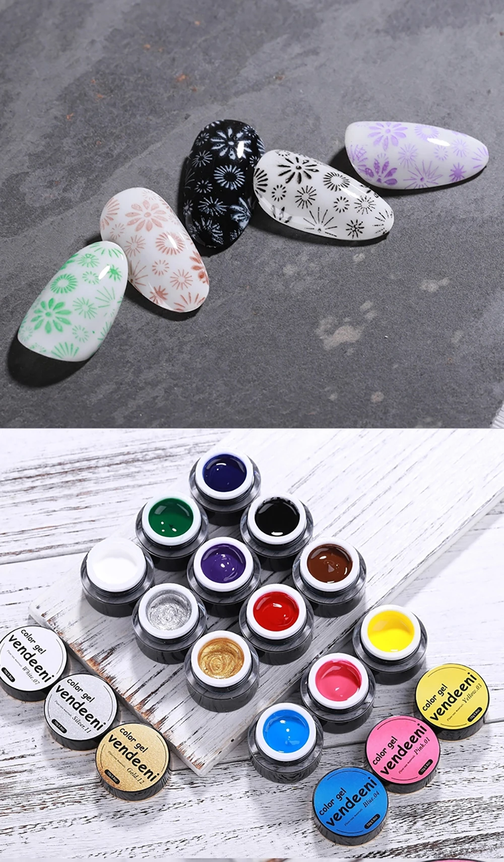 Vendeeni 12 Farben Malgel für Nageldesign, Zeichnungsgel, Nagellack, ablösbares UV-LED-Gel, lackiertes Gel, 10g – Detail 3