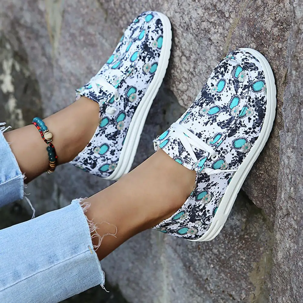 Women Floral Flat Boat Shoes Front Lace-up Decoration Casual Canvas Shoes Lady Outdoor Walking Running Soft Bottom Loafers