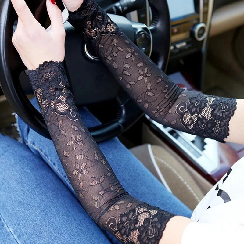 Elegant Female Fingerless Anti-UV Driving Mittens Summer Women Long Elasticity Sleeve Sunscreen Cycling Sexy Lace Sun Gloves K9